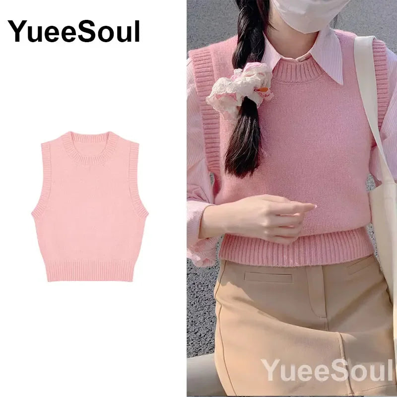 Vintage Knitted Women Sweater Vest American Y2K Aesthetic Sweet Cute 90s Slim Crop Waistcoat 2023 New Plaid Sleeveless Knitwears