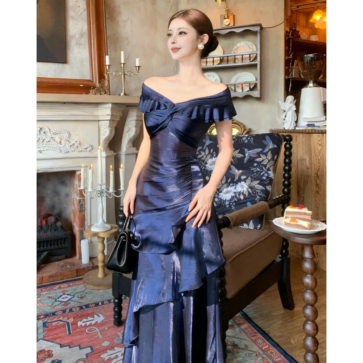 Off-Shoulder V-Neck Ruffled Mermaid A-Line Mid-Calf Evening Gown | Inspired by Beren Saat