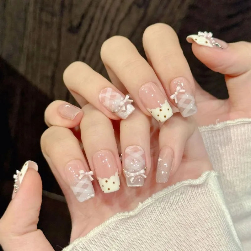 10Pcs Sweet Mid-length Ballet False Nails Art Fashion Pink Cat Eye Lovely Bow Wearable Finished Nails Set Summer Acrylic Nails