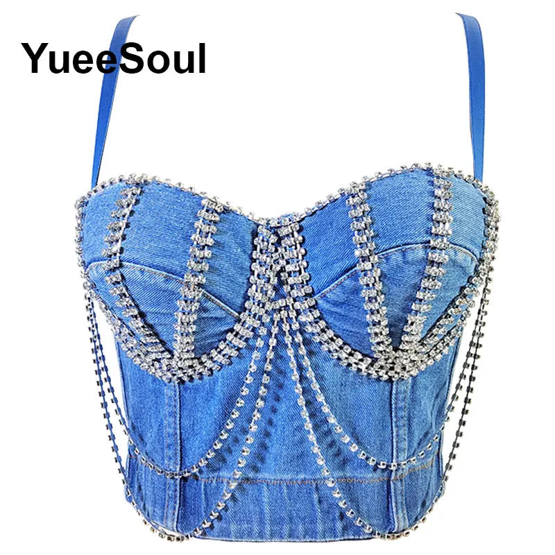 Denim Crop Tops Pearl Tassel Diamond Flower Blue Sleeveless Sexy Corset 2000s 2026 Summer New Y2K Party Evening Woman Clothes
