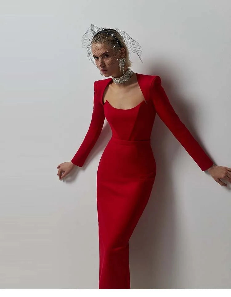 2025 Women Celebrity Sexy Long Sleeve Square Collar Rose Red Maxi Long Mini Bandage Dress Elegant Evening Club Party Outfit