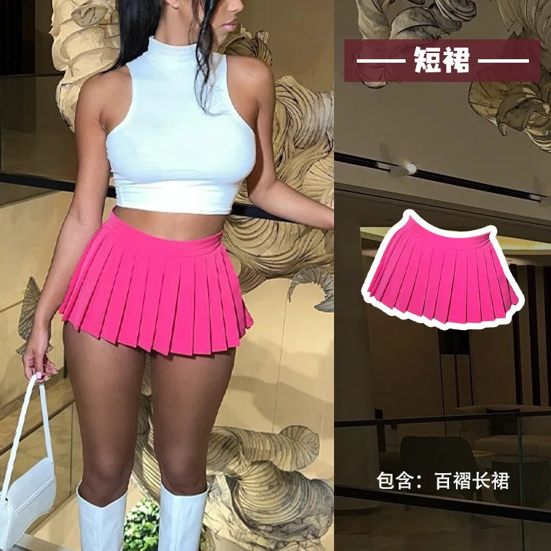 Pleated Long Skirt Sexy Pleated Ultra Short Skirt JK Sweet Fashion Korean Women Red Pink 2025 New Skirts Nightclub Girl P59N