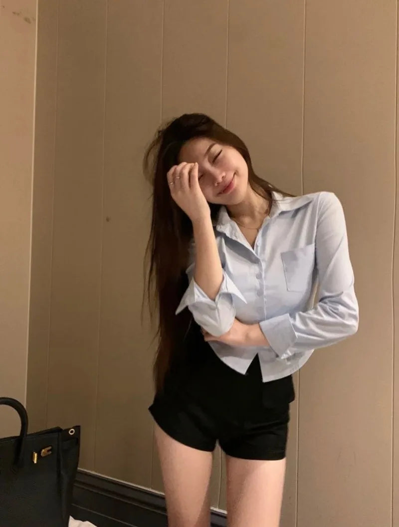 Long Sleeved Women's Solid Shirt Korean Sexy Slim Fit Waist Hugging Short Shirt Blouse Women Elegant Office Work Clothes