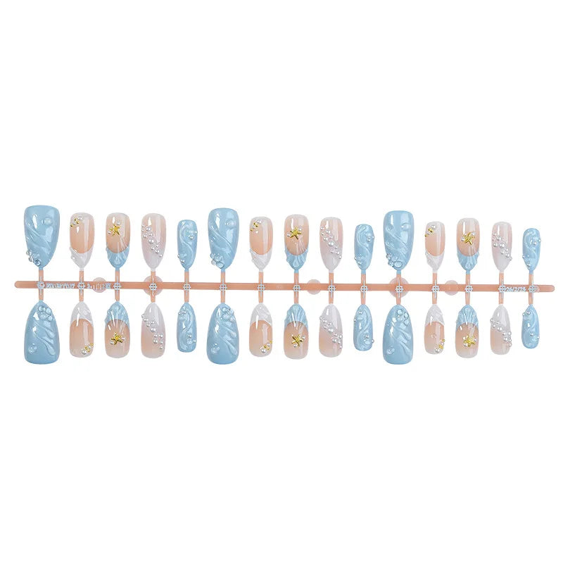30Pcs False Nails Summer Ocean Style with Cool 3D French Tips High-Quality Press-On Nails Perfect As A Gift for Girls and Friend