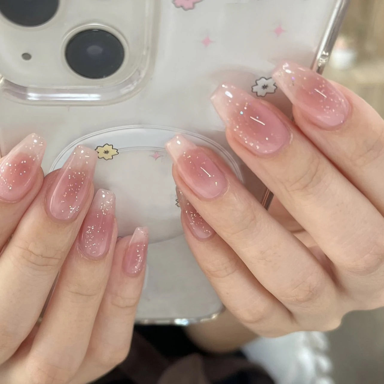 24pcs Cute Girly Short Square False Nails Sweet White French Nail Glitter Star Rhinestones Nail Art Cat Eye Bow Press On Nails