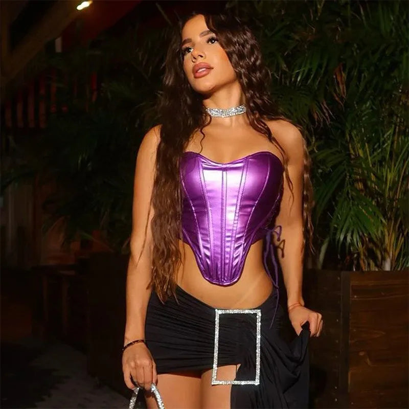 Lingerie Sexy Corset For Woman Underbust Black Bustier Lace Up Side Metallic Gold Crop Top Boned Fitted Pu Leather Waist Cincher