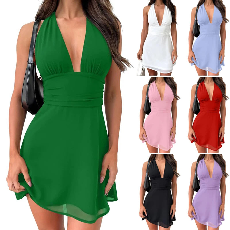 Sexy Backless Halter Neck Mini Dress 2026 Lace Up Bodycon Sleeveless Party Club Cocktail Elegant Women's Night Out Dress