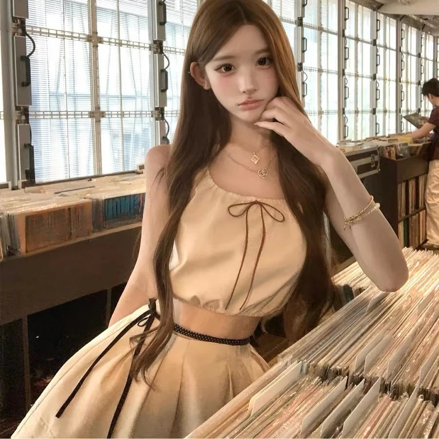 gothiscyn 2026 New Japanese Women's Matching Two Piece Babydoll Top Sets Khaki Drawstring To Mini Skirt Suit Sweet Lolita Style