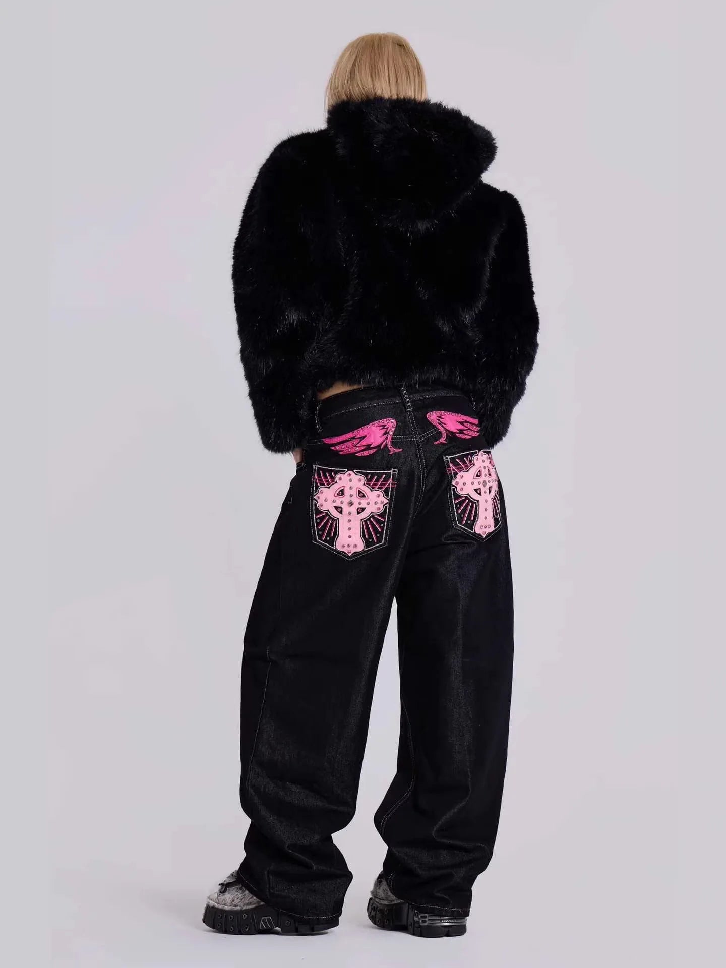Gothic Cross Rhinestone Wide Leg Jeans Unisex Black Denim Pants Pink Wing Embroidery Oversized Streetwear Y2K Trousers