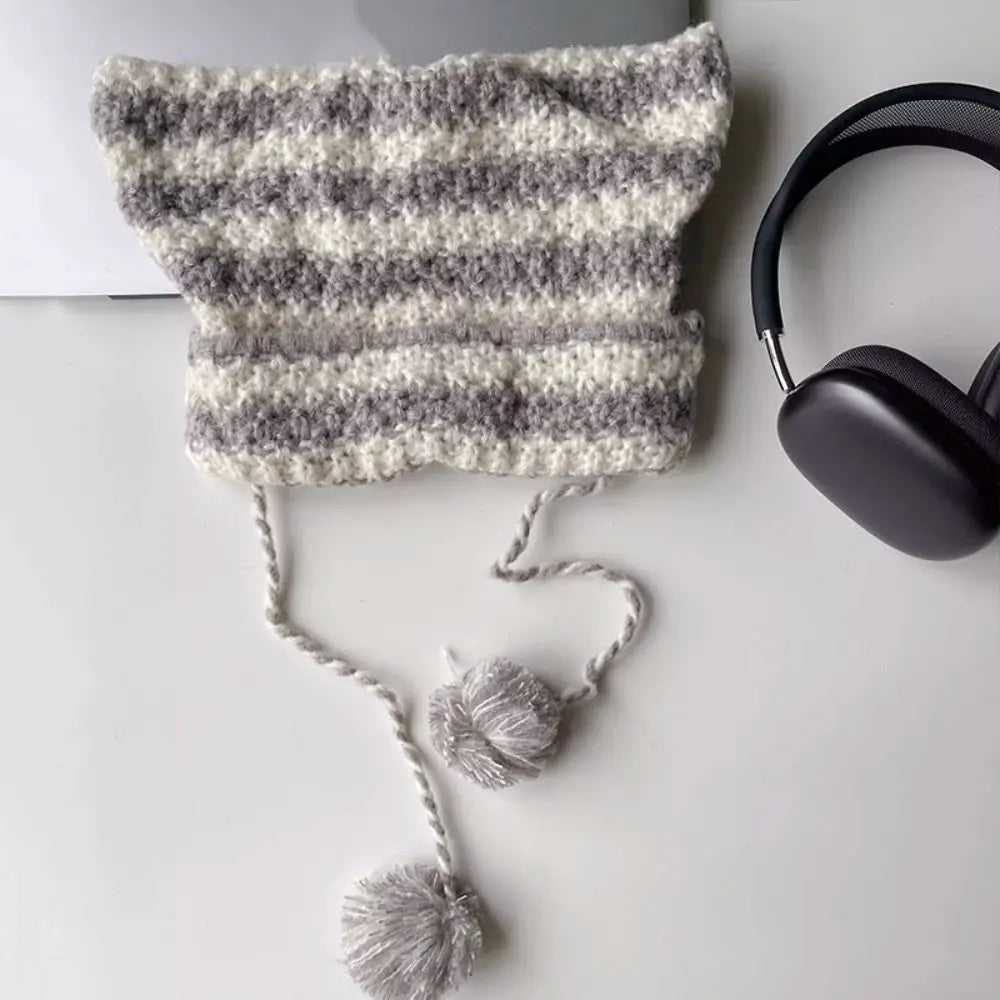 Fshion Y2K Knitting Striped Beanie Hat Cute Wool Hanging Ball Knitted Beanie Hat Cat Ears Pointed Pullover Hats Autumn Winter