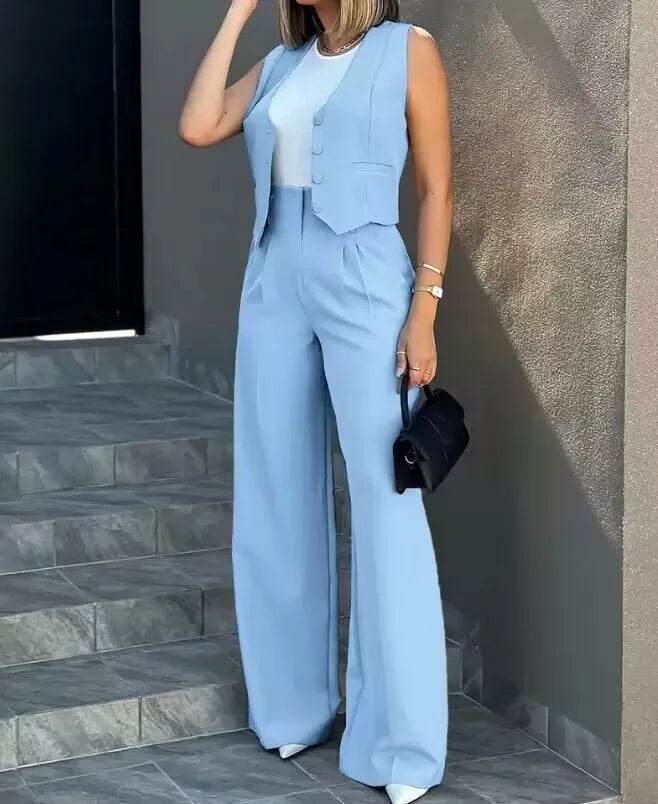 Women's Casual Waistcoat Wide Leg Pants Suit Elegant Sleeveless Vest Trousers 2 Pieces Set Solid Color Commuter Lady  Pants Set