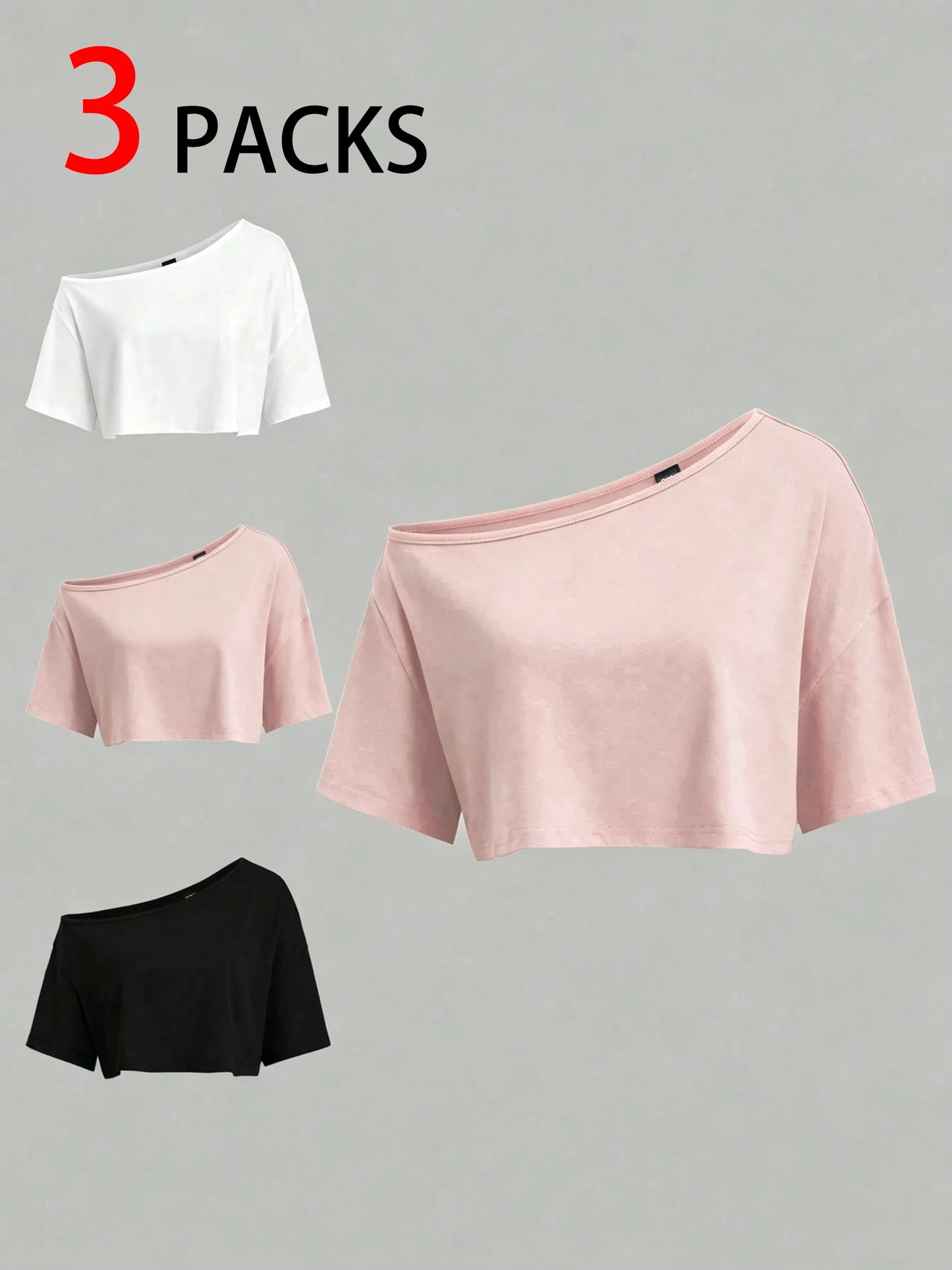 3Pcs Women Off Shoulder Loose Short Sleeve Cropped T Shirt Y2K Basic Casual Daily Streetwear Crop Tops