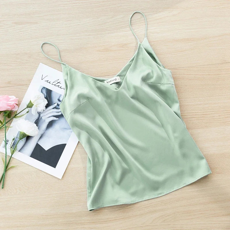 Sexy V-neck Satin Camisole Top Chic High Quality Outer Wear Inner Bottom Top With Suit Summer New Ladies Sleeveless Tank Tops