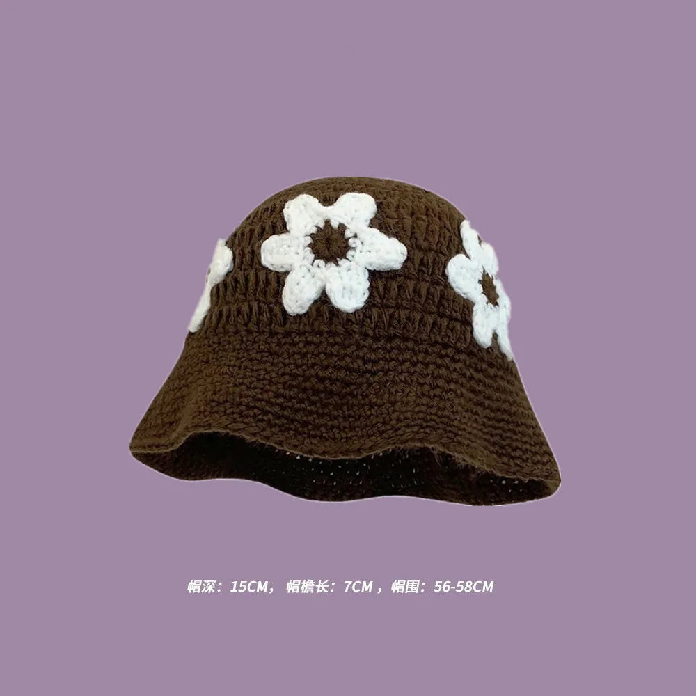 2023 Autumn New Crochet Korean Handmade Bucket Hat Women Weaving Knitted Hat  Fashion Flowers Autumn Winter Beanies Basin Cap