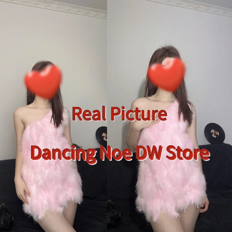 Women Group Kpop Dancer Outfit Pink Diagonal Shoulder Tassels Dress Jazz Dance Clothes Stage Show Gogo Dancer Costume DWY9452