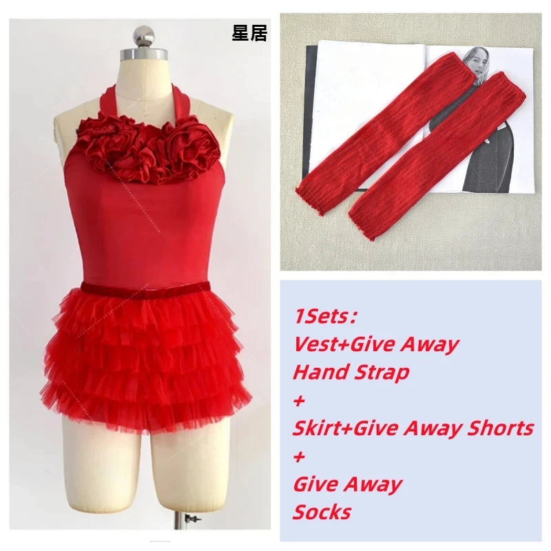 Kpop Korean Women Group Y2k Jazz Dance Costume Red Flower Halter Vest Crop Top Lace-Up Puffy Skirt Club Stage Performance Outfit