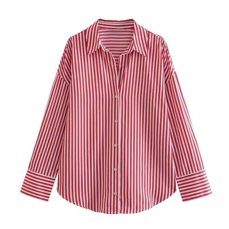 Striped Collar Shirt Oversized Single Long Sleeve Shirt Casual Stylish Loose Chic Button Shirt Spring Womens Versatile Top