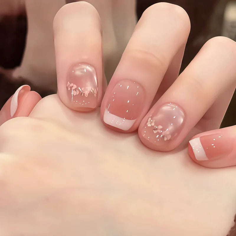 24pcs Cute Girly Short Square False Nails Sweet White French Nail Glitter Star Rhinestones Nail Art Cat Eye Bow Press On Nails