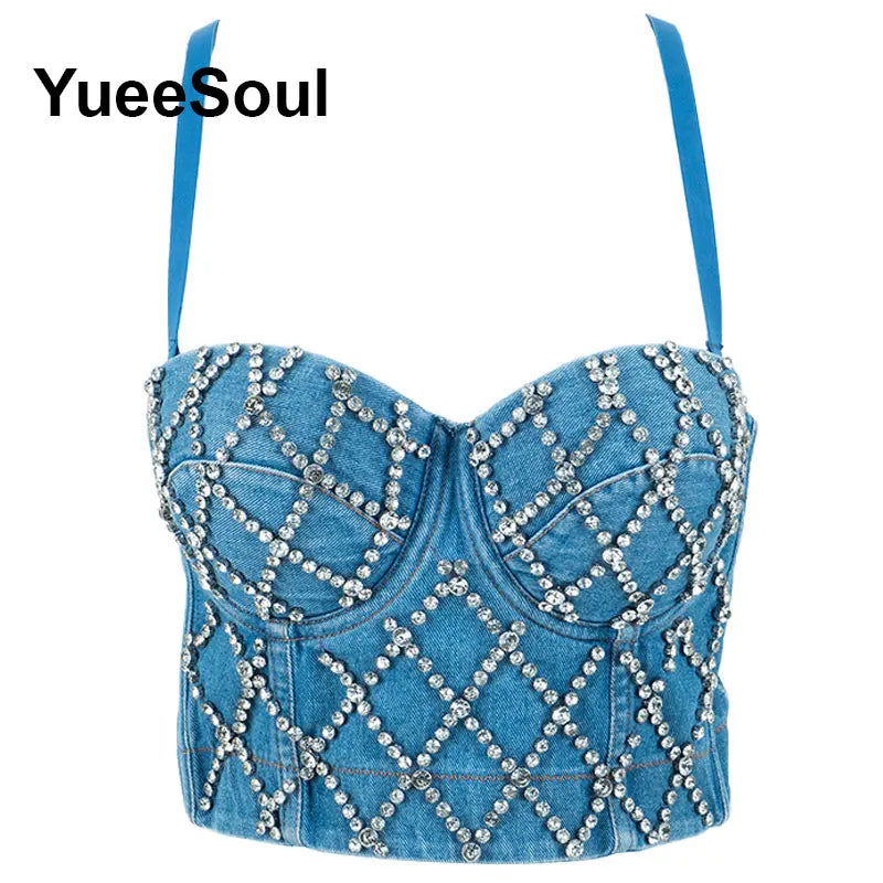 Denim Crop Tops Pearl Tassel Diamond Flower Blue Sleeveless Sexy Corset 2000s 2026 Summer New Y2K Party Evening Woman Clothes