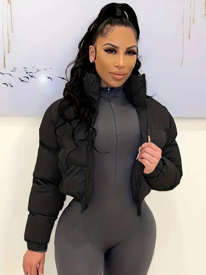 Women Solid Parkas Jackets Stand Collar Long Sleeve Zip-up Thick Warm Quilted Coats Fashion Casual Cotton Padded Outerwear