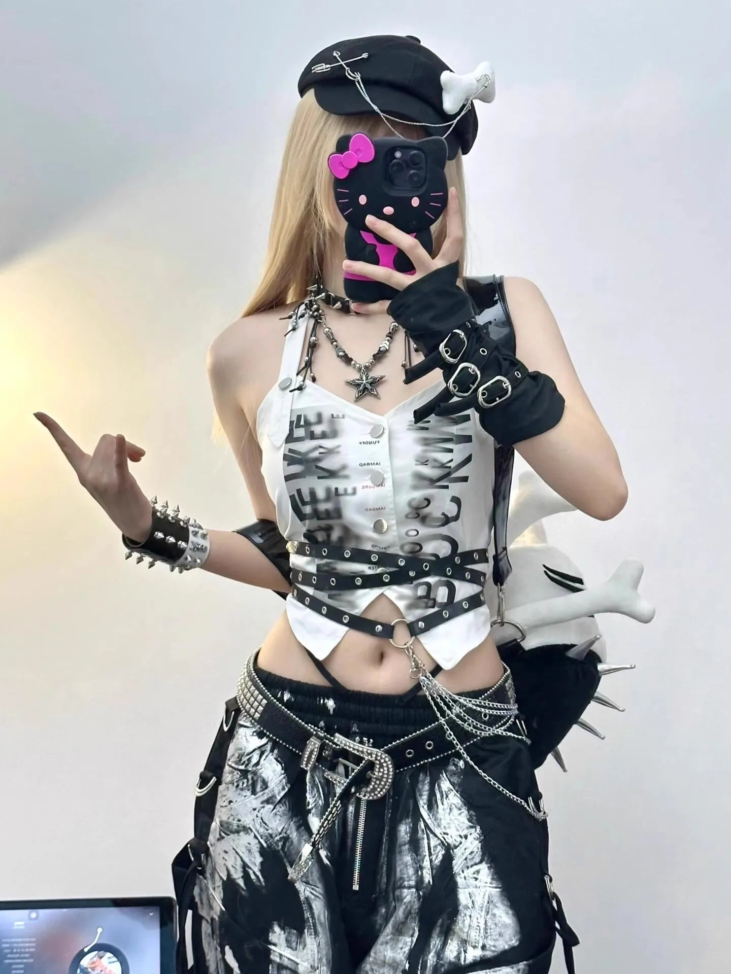 Y2K Grunge Silver Painted Cargo Pants Women's Gothic Drawstring Wide Leg Baggy Streetwear Trousers Female Punk Harajuku Bottoms