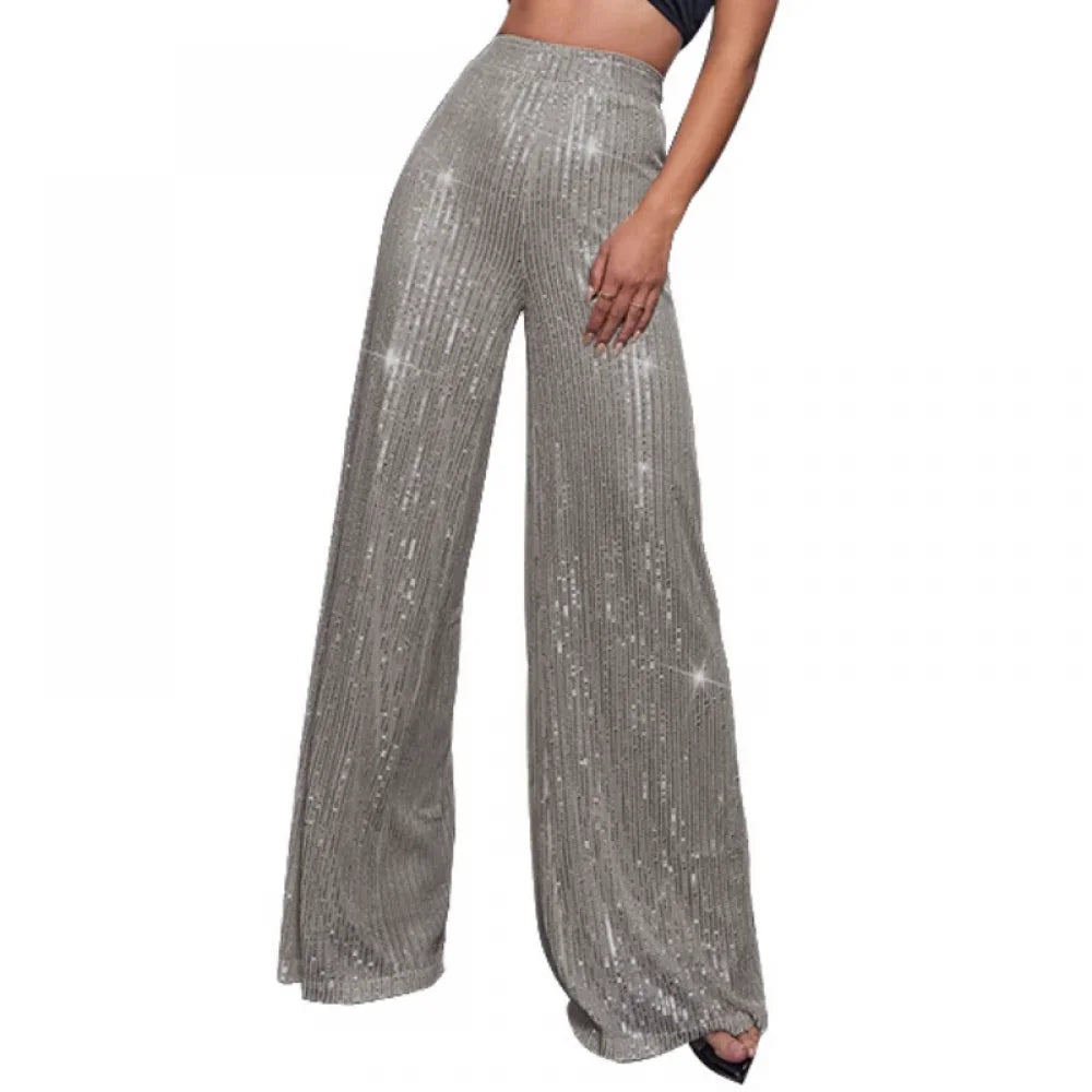 New Women Casual Sequin Sparkle Glitter Pants High Waist Flared Pants Elastic Loose Wide Disco Trousers Clubwear  Costumes
