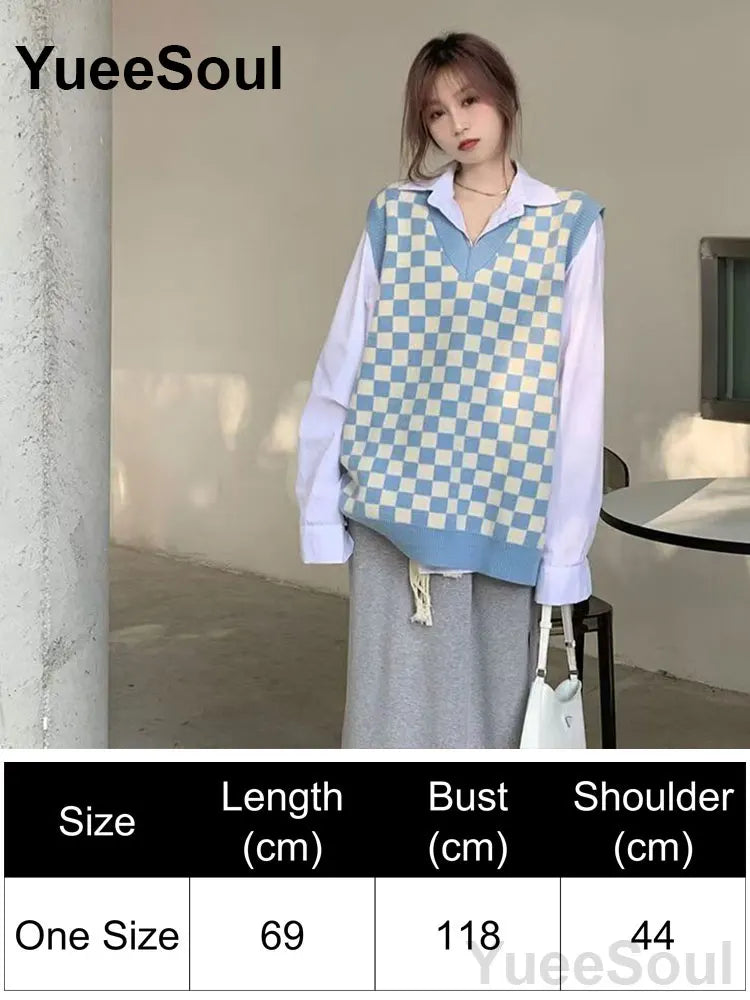 Blue Argyle Women's Vest Plaid Sleeveless Pullover Loose Knitted Sweater Vest 2026 New Autumn Y2K Casual Oversized Waistcoat