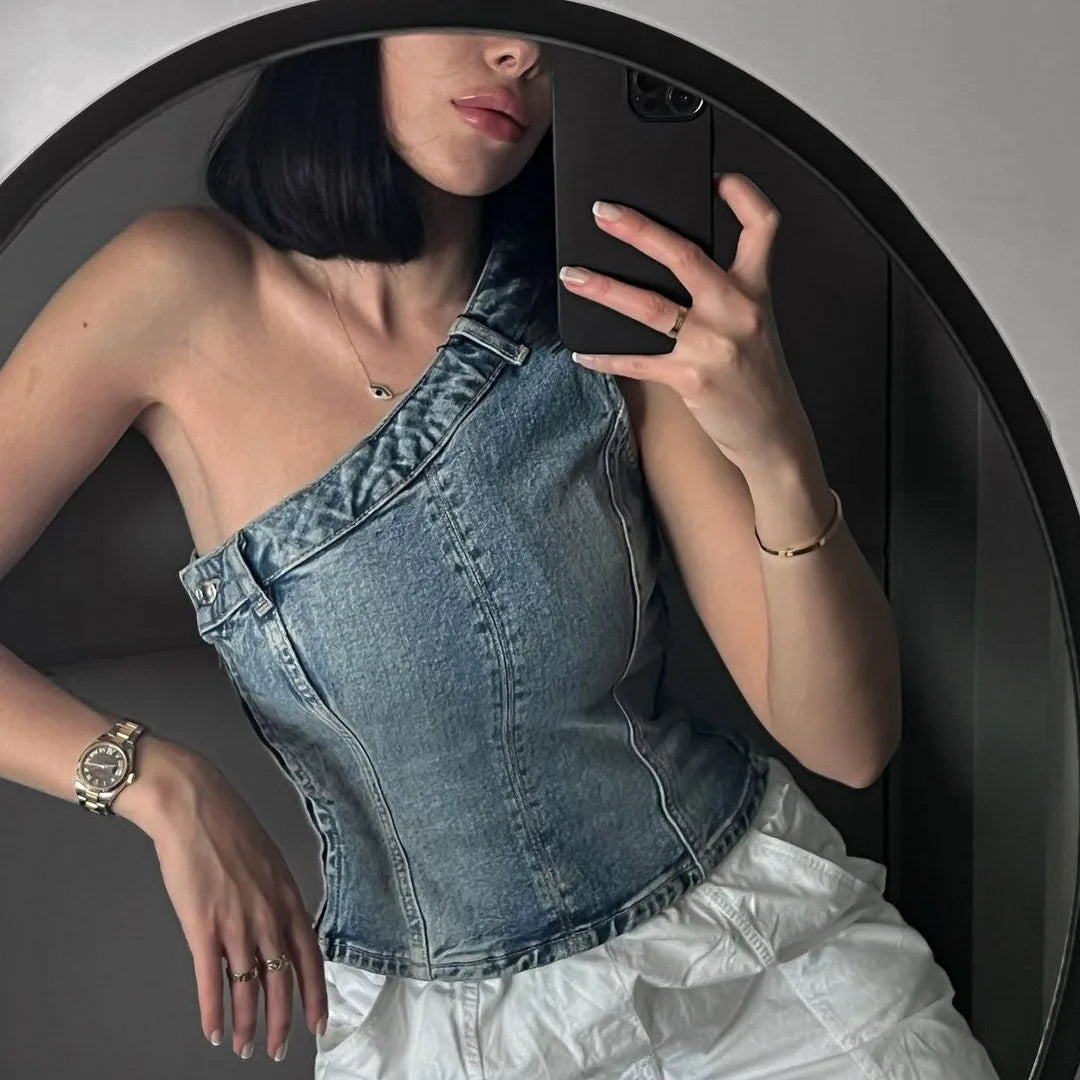 Women Top Off Shoulder Sleeveless Bustier Tops 2026 Summer Lady Elegant Street Wear TankBlue Backless Denim Corset Crop