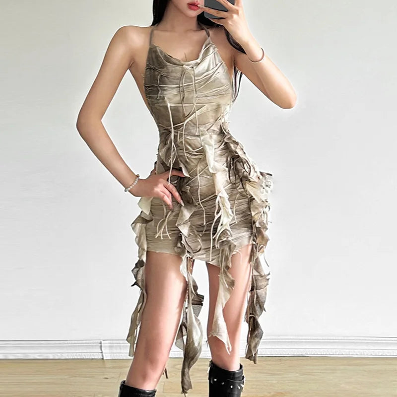 Tie-Dye Halter Tassel Ruched Backless Pleated Mini Dress | Inspired by Beren Saat