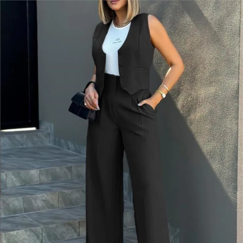 Women's Casual Waistcoat Wide Leg Pants Suit Elegant Sleeveless Vest Trousers 2 Pieces Set Solid Color Commuter Lady  Pants Set
