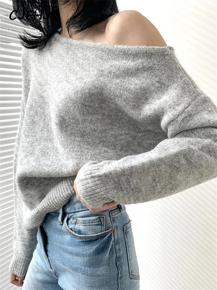 CJFHJE Vintage Korean Fashion Slash Neck Sexy Sweaters Female Irregular Knitted Pullovers Women Autumn Winter Gray Sweaters Tops