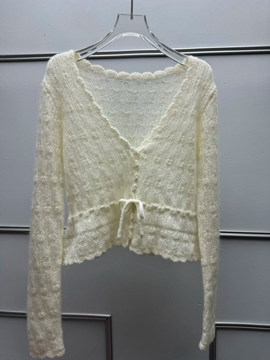 Hollow Knit Drawstring Waist Scallop Edge Cropped Cardigan | Inspired by Wonyoung