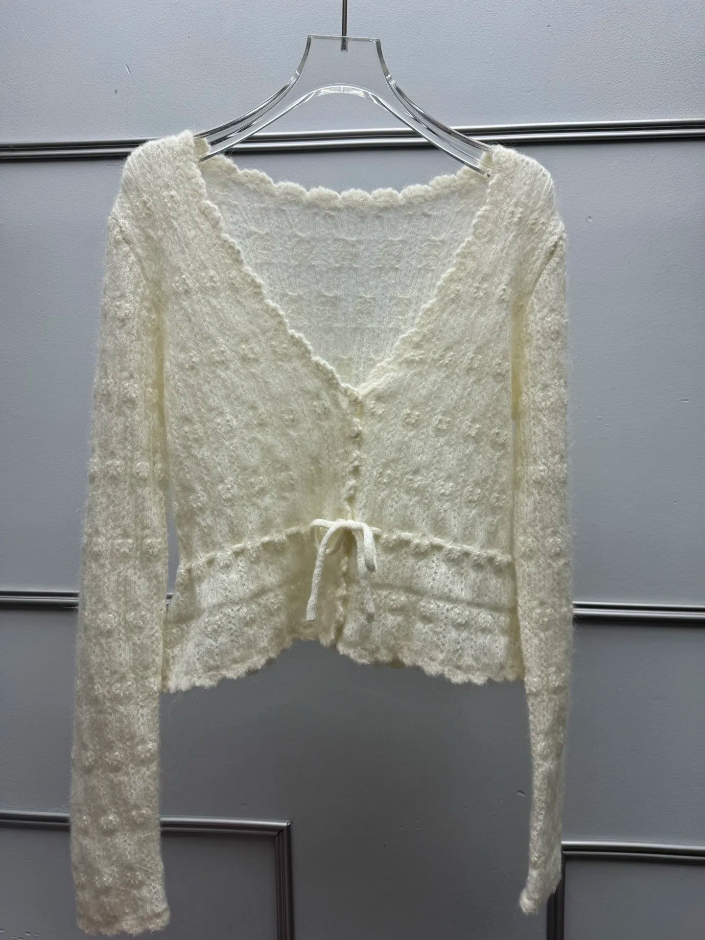 Autumn Women's Hollow Knit Cardigan Drawstring Waist Scallop Edge Cropped Sweater Coat Sweet Casual Outwear