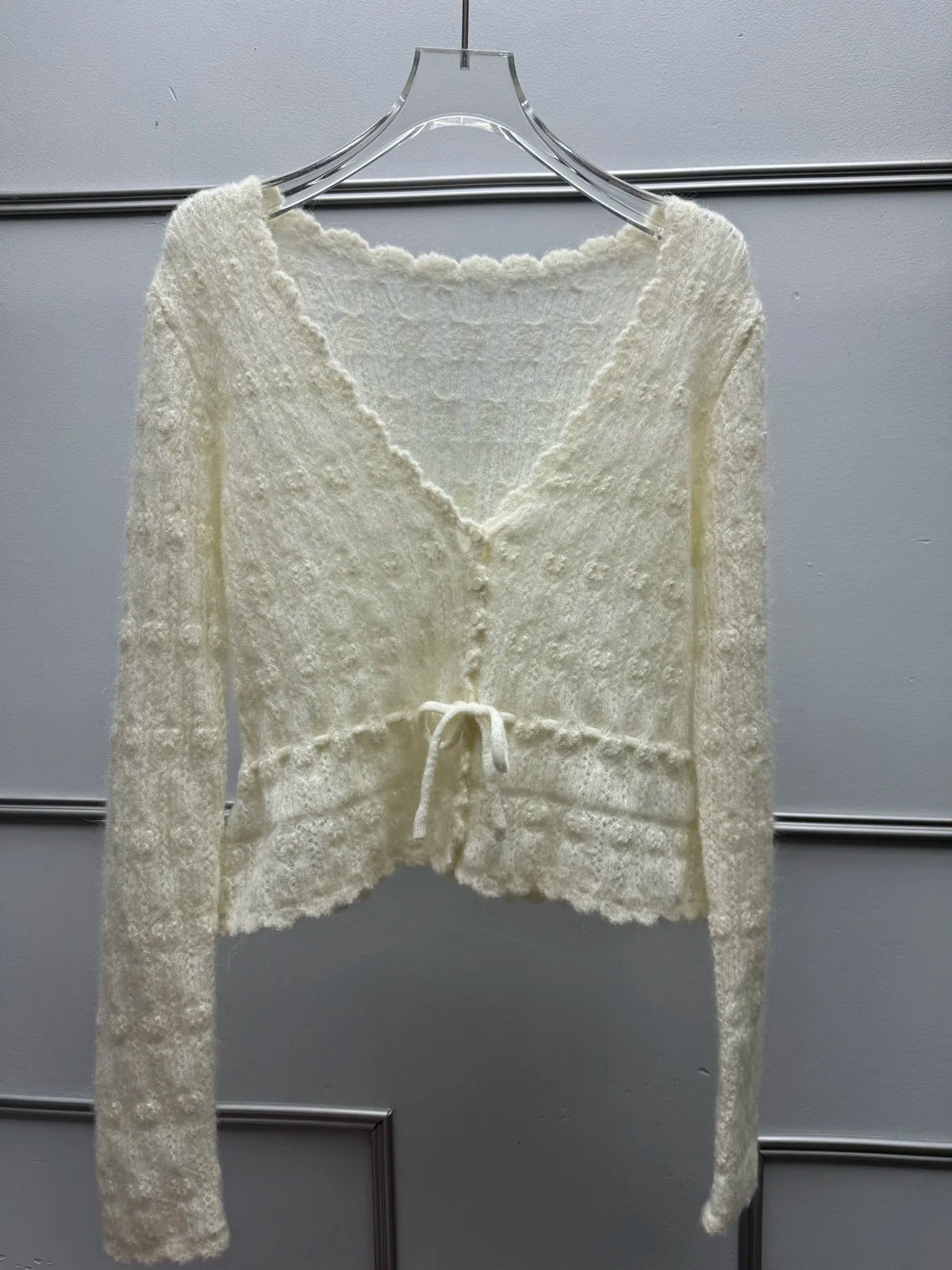 Hollow Knit Drawstring Waist Scallop Edge Cropped Cardigan | Inspired by Wonyoung