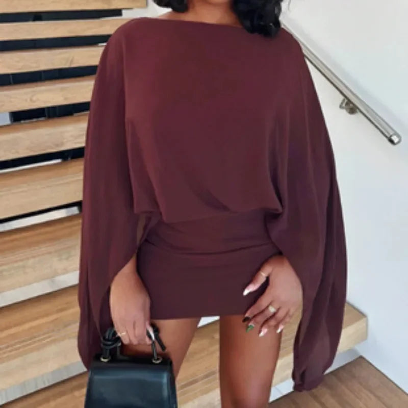 Draped Batwing Sleeve Slash Neck Ruched Waist Tie A-Line Mini Dress | Inspired by Beren Saat