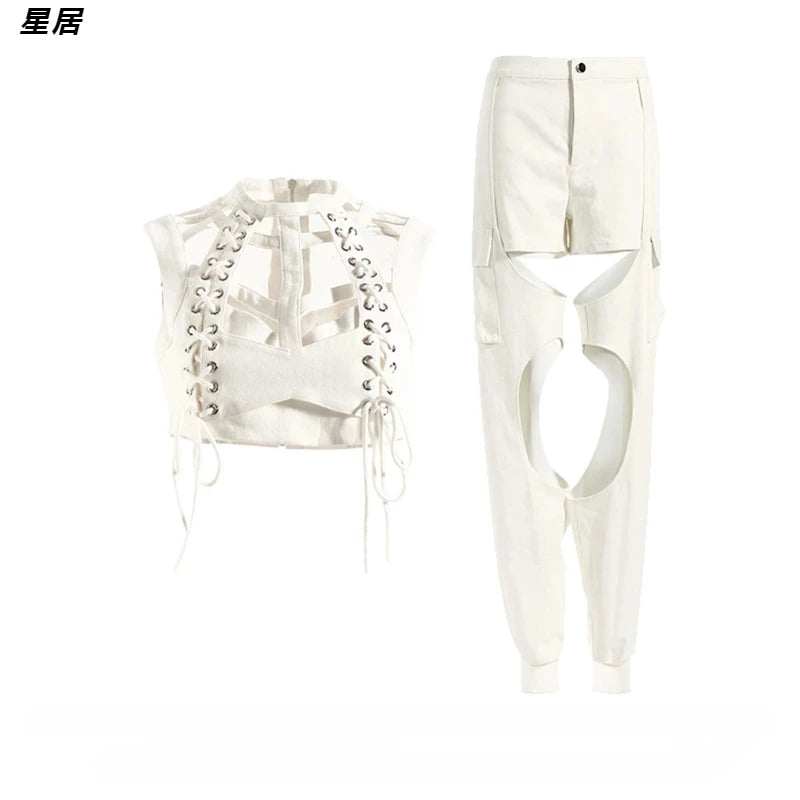 Kpop Korean Women Singer Hip Hop Jazz Dance Outfits Sexy Hollow Out Halter Vest Crop Tops Loose Straight Jeans Y2K Stage Costume
