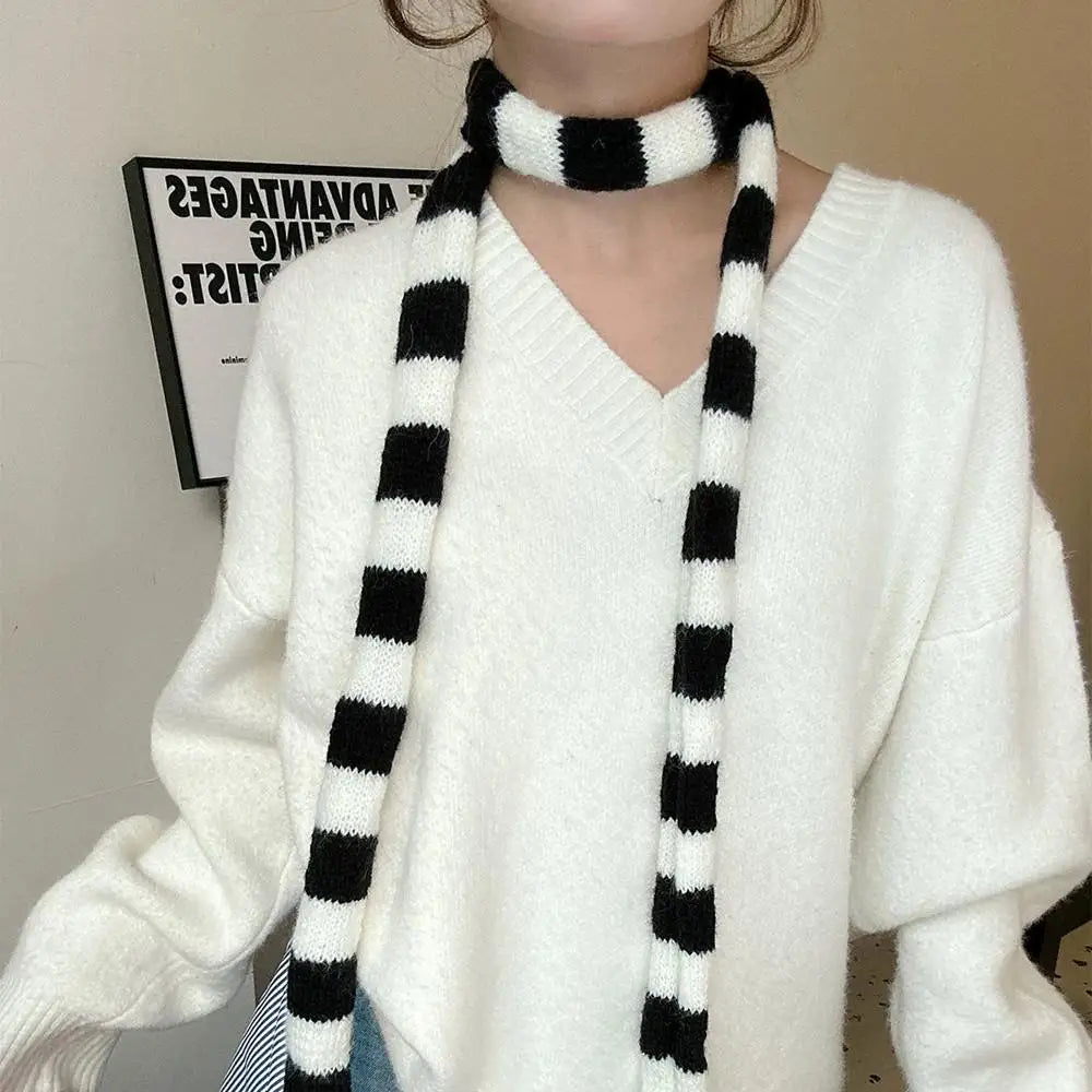 Korean Knitted Slim Long Scarf Y2K Harajuku Decorative Neckerchief Stripe Neck Women Narrow Long Scarf Choker Lady Accessories