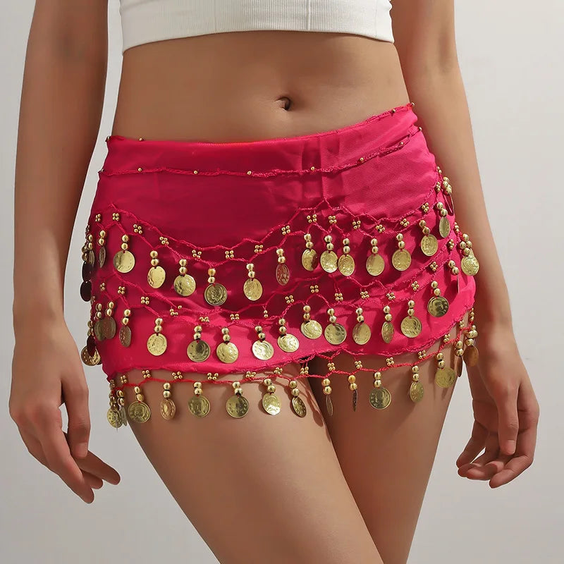 1pc Belly Dance Hip Scarf Chiffon Skirt Wrap Professional Scarf Skirt Costume with Coins for Yoga Belly Dancing,Autumn,new years