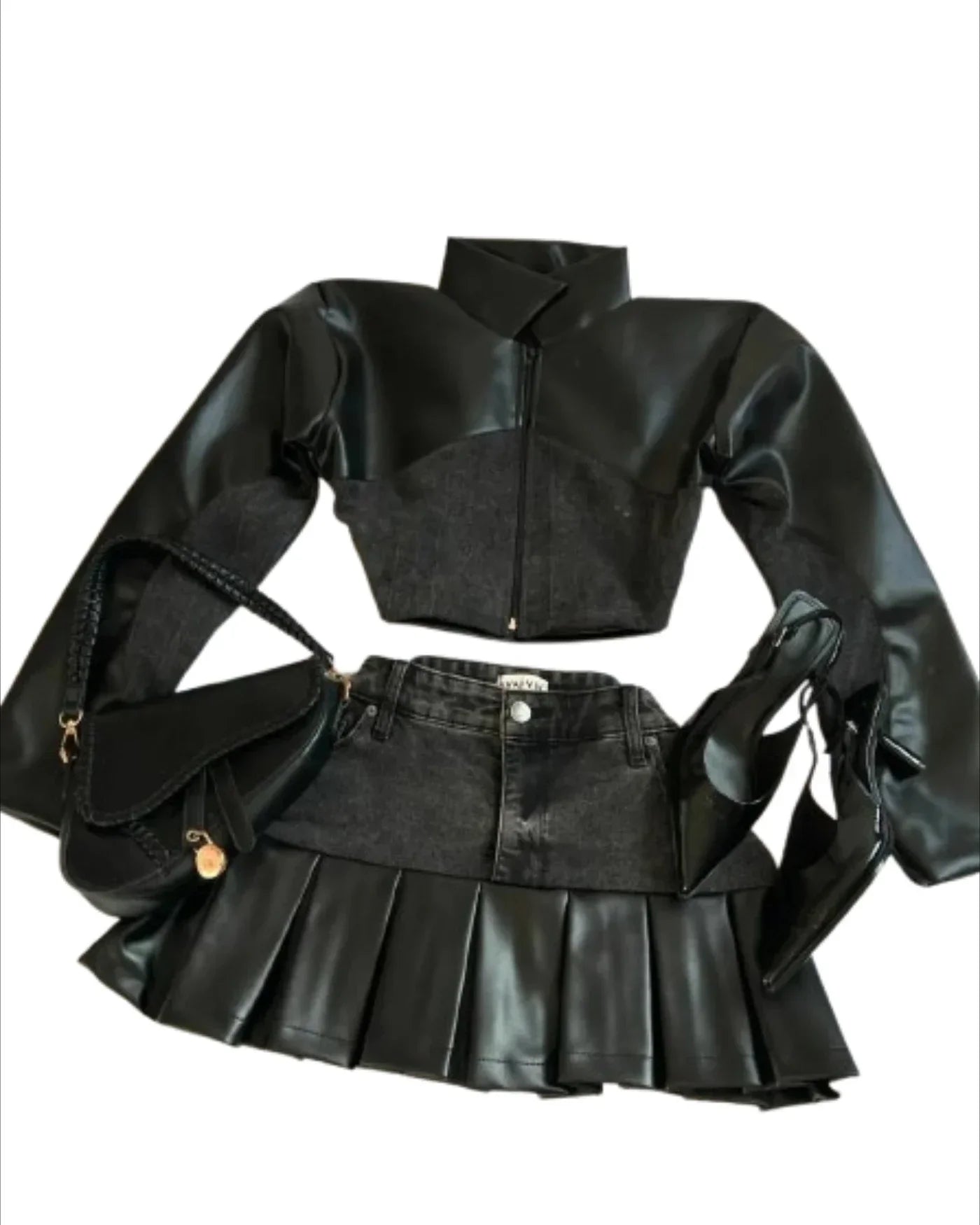 Y2K Black Leather Spliced Piece Set Denim Two Women Harajuku Zipper Long Sexy Sleeved Jacket Pleated Skirt Motorcycle Suit