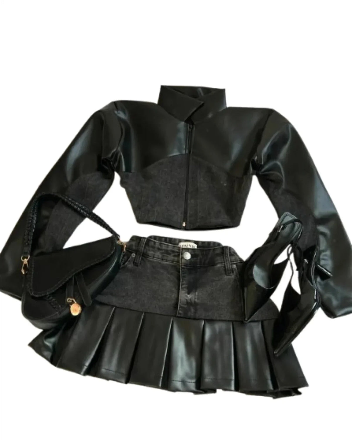 Y2K Leather & Denim Jacket + Pleated Skirt Set | Inspired by Özlem