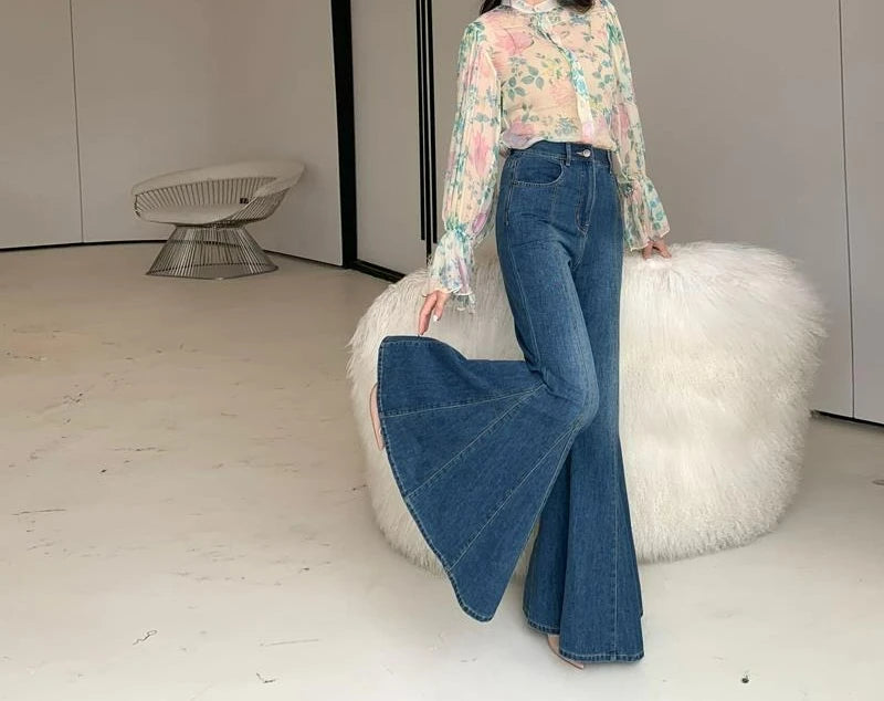 Retro Blue High-waisted Flared Slim-fitting Jeans New Mopping and Thin Fishtail Flared Pants Trousers
