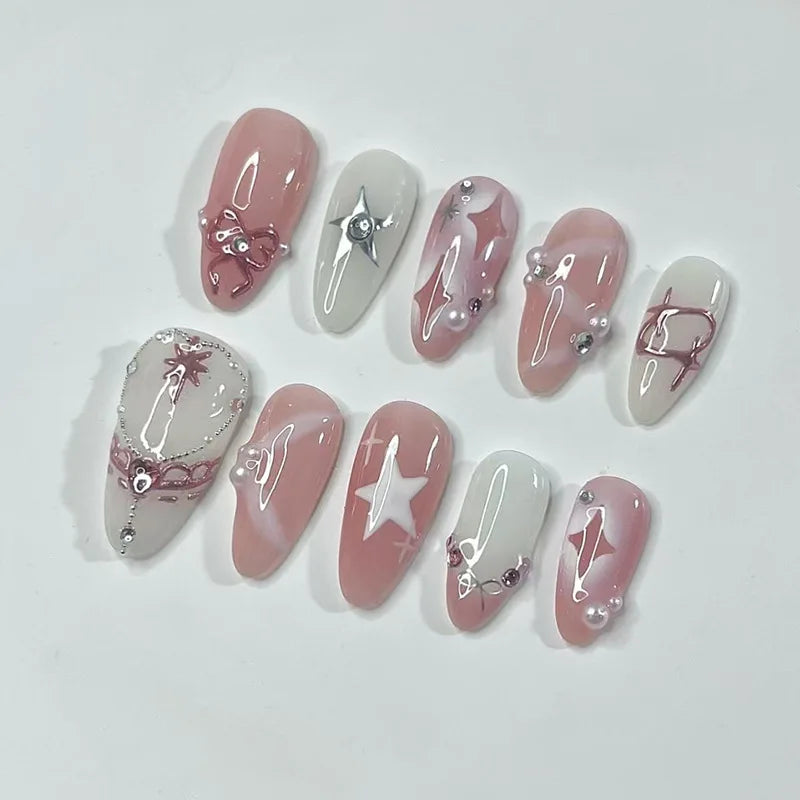 24pcs/30pcs/set Medium long 3D fake nails flowers golden foil bow rhinestones pink white leopard nail tips press on false nails