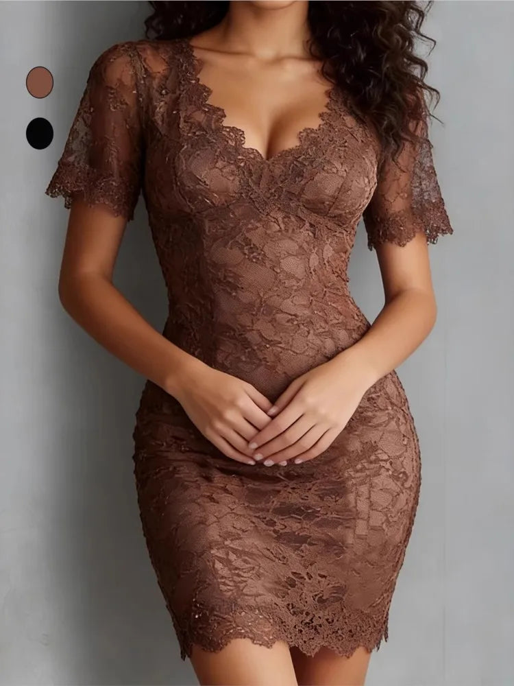V-Neck Lace Hip-Hugging Slim Short Sleeve Mini Dress | Inspired by Beren Saat