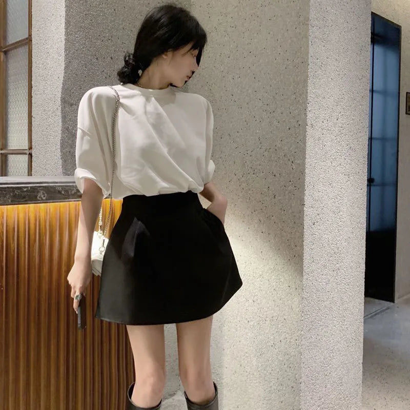 Xpqbb Korean Style White Mini Skirt for Women Streetwear High Wiast Puffy Short Skirts Ladies All-Match Simple A-line Y2K Skirt