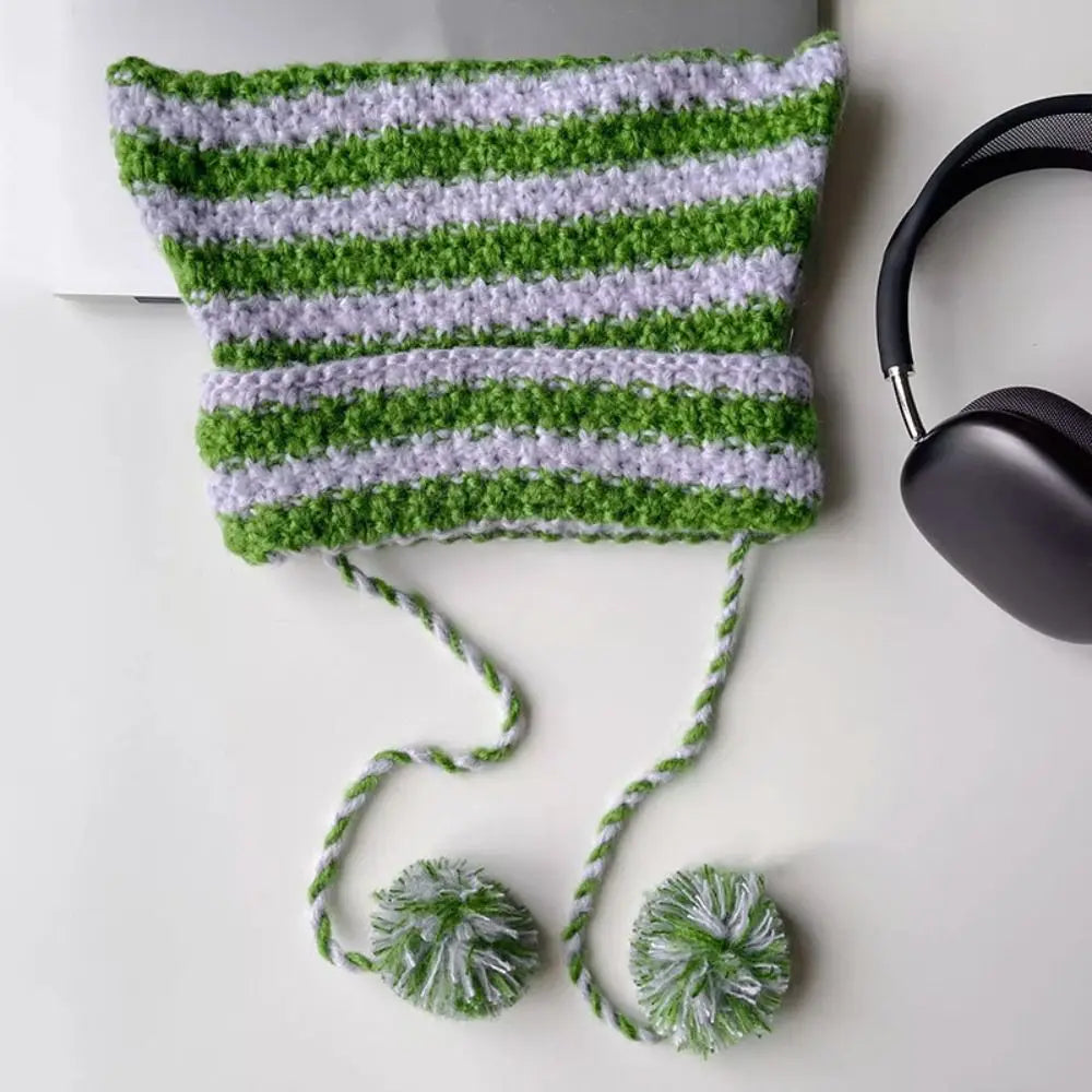Fshion Y2K Knitting Striped Beanie Hat Cute Wool Hanging Ball Knitted Beanie Hat Cat Ears Pointed Pullover Hats Autumn Winter
