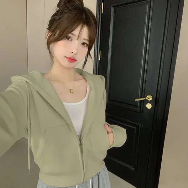 Hooded Korean Fashion Cropped Sweatshirts Autumn Solid Color Hoodie Drawstring Pockets Loose Zipper Hoodies Female Sweatshirt