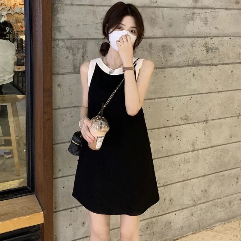 Dresses Women Patchwork Elegant Sleeveless Chic Mini Vintage Loose Korean Style Summer Simple Temperament Office Ladies Fashion