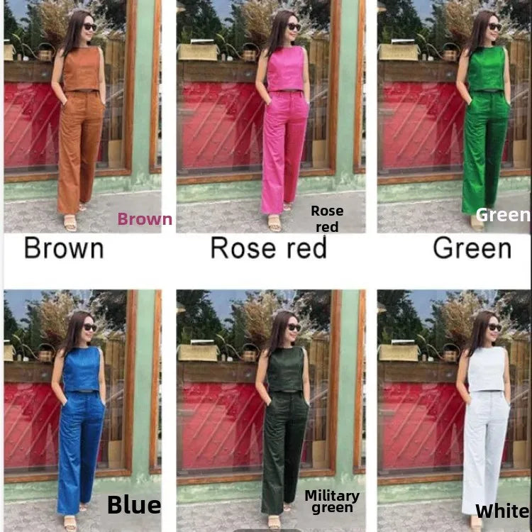 Women's Cotton Linen Set Casual Fashion Wide Leg Pants Sleeveless Pockets Solid Color Ensemble Elegant Versatile Outfit