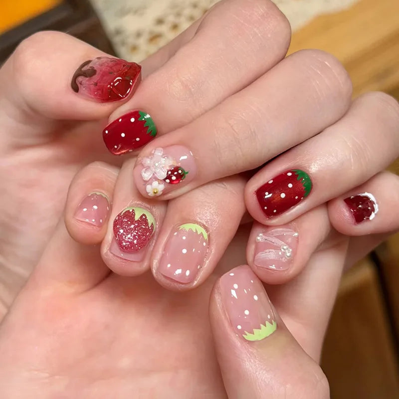24pcs Cute Girly Short Square False Nails Sweet White French Nail Glitter Star Rhinestones Nail Art Cat Eye Bow Press On Nails