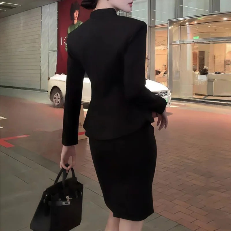 French Elegant Black Suit Women Autumn V-Neck Single Breasted Ruffle Jacket+ Slim Mini Pencil Skirt Office Lady Formal 2pcs Set